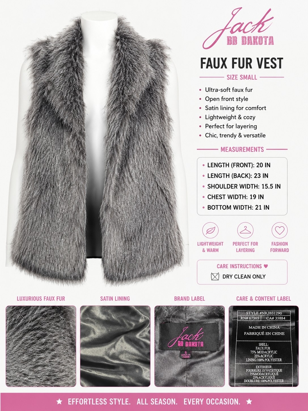 Jack by BB Dakota Grey Faux Fur Vest
